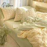 Pisoshare Korean Princess Pink Seersucker Bedding Kawaii Bed Skirt Duvet Cover Solid Color Queen