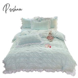 Pisoshare Korean Princess Seersucker Bedding Kawaii Ruffle Lace Bed Skirt Duvet Cover Solid Color