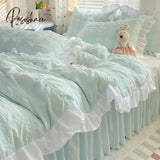 Pisoshare Korean Princess Seersucker Bedding Kawaii Ruffle Lace Bed Skirt Duvet Cover Solid Color