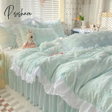 Pisoshare Korean Princess Seersucker Bedding Kawaii Ruffle Lace Bed Skirt Duvet Cover Solid Color