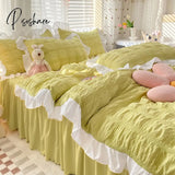 Pisoshare Korean Princess Seersucker Bedding Kawaii Ruffle Lace Bed Skirt Duvet Cover Solid Color