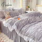 Pisoshare Korean Princess Seersucker Bedding Kawaii Ruffle Lace Bed Skirt Duvet Cover Solid Color