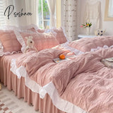 Pisoshare Korean Princess Seersucker Bedding Kawaii Ruffle Lace Bed Skirt Duvet Cover Solid Color