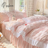 Pisoshare Korean Princess Seersucker Bedding Kawaii Ruffle Lace Bed Skirt Duvet Cover Solid Color