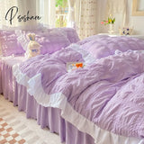 Pisoshare Korean Princess Seersucker Bedding Kawaii Ruffle Lace Bed Skirt Duvet Cover Solid Color