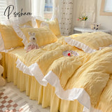 Pisoshare Korean Princess Seersucker Bedding Kawaii Ruffle Lace Bed Skirt Duvet Cover Solid Color