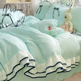 Pisoshare Korean Princess Style Bedding Set For Women Double Ruffle Lace Duvet Cover Full Queen