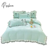 Pisoshare Korean Princess Style Bedding Set For Women Double Ruffle Lace Duvet Cover Full Queen