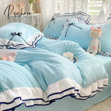 Pisoshare Korean Princess Style Bedding Set For Women Double Ruffle Lace Duvet Cover Full Queen
