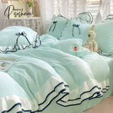 Pisoshare Korean Princess Style Bedding Set For Women Double Ruffle Lace Duvet Cover Full Queen