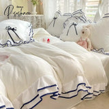 Pisoshare Korean Princess Style Bedding Set For Women Double Ruffle Lace Duvet Cover Full Queen