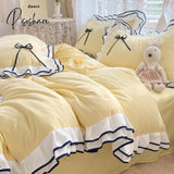 Pisoshare Korean Princess Style Bedding Set For Women Double Ruffle Lace Duvet Cover Full Queen