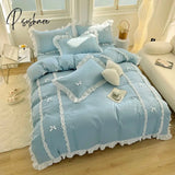 Pisoshare Korean Princess Style Bedding Sets Ins Lace Bowknot Duvet Cover Fitted Sheet For Girl