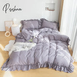 Pisoshare Korean Princess Style Ruffle Bedding Set For Women Cute Lace Duvet Cover Full Queen King