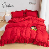 Pisoshare Korean Princess Style Ruffle Bedding Set For Women Cute Lace Duvet Cover Full Queen King