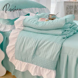 Pisoshare Korean Princess Style Seersucker Bedding Set 4 Pieces Summer Washed Cotton Cute Lace Bed