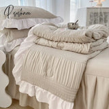 Pisoshare Korean Princess Style Seersucker Bedding Set 4 Pieces Summer Washed Cotton Cute Lace Bed