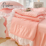 Pisoshare Korean Princess Style Seersucker Bedding Set 4 Pieces Summer Washed Cotton Cute Lace Bed