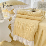 Pisoshare Korean Princess Style Seersucker Bedding Set 4 Pieces Summer Washed Cotton Cute Lace Bed