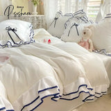 Pisoshare Korean Princess White Bedding Set For Women Double Ruffle Lace Duvet Cover Full Queen