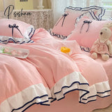 Pisoshare Korean Princess White Bedding Set For Women Double Ruffle Lace Duvet Cover Full Queen