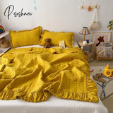 Pisoshare Korean Ruffles Quilted Summer Blanket Princess Pleated Solid Queen Quilts Soft