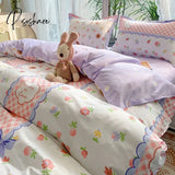 Pisoshare Korean Style Bedding Set Twin Queen Size Cute Cream Cherry Duvet Cover Flat Sheet