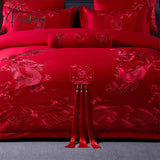 Pisoshare Loong Phoenix Embroidery Chinese Wedding Pure Red Tassels Cotton Bedding Set 4/6/8Pcs