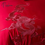 Pisoshare Loong Phoenix Embroidery Chinese Wedding Pure Red Tassels Cotton Bedding Set 4/6/8Pcs