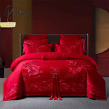 Pisoshare Loong Phoenix Embroidery Chinese Wedding Pure Red Tassels Cotton Bedding Set 4/6/8Pcs