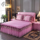 Pisoshare Luxury Bed Skirt And Pillowcase Set European Quilted Lace Embroidery Princess Ruffle