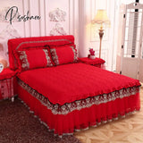 Pisoshare Luxury Bed Skirt And Pillowcase Set European Quilted Lace Embroidery Princess Ruffle