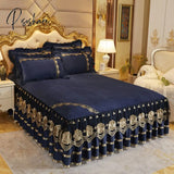 Pisoshare Luxury Bed Skirt Crystal Velvet Double Bedspread Lace Linen Embroidery Bedcover Bedding