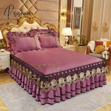 Pisoshare Luxury Bed Skirt Crystal Velvet Double Bedspread Lace Linen Embroidery Bedcover Bedding