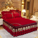 Pisoshare Luxury Bed Skirt Crystal Velvet Double Bedspread Lace Linen Embroidery Bedcover Bedding