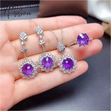 Pisoshare Luxury Bridal Jewelry Set Round Cut Purple Crystal Rings Necklace Dangle Earrings Wedding