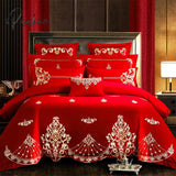 Pisoshare Luxury Gold Phoenix Loong Embroidery Bedding Set Chinese Style Wedding Pure Cotton Red