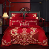 Pisoshare Luxury Gold Phoenix Loong Embroidery Bedding Set Chinese Style Wedding Pure Cotton Red