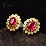 Pisoshare Luxury Gold Plated Sunflower Stud Earrings Charming Red Gems Zircon Ring Crystal For