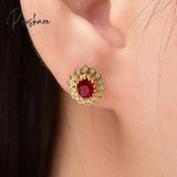 Pisoshare Luxury Gold Plated Sunflower Stud Earrings Charming Red Gems Zircon Ring Crystal For