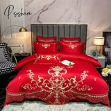 Pisoshare Luxury Gold Royal Embroidery Satin And Cotton Bedding Set Smooth Double Duvet Cover