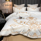 Pisoshare Luxury Gold Royal Embroidery Satin And Cotton Bedding Set Smooth Double Duvet Cover