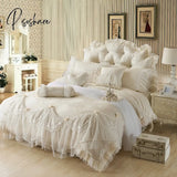 Pisoshare Luxury Jacquard Satin Princess Bedding Sets Queen King 4/6/8Pcs Beige Lace Ruffles Duvet