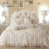 Pisoshare Luxury Jacquard Satin Princess Bedding Sets Queen King 4/6/8Pcs Beige Lace Ruffles Duvet