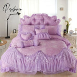 Pisoshare Luxury Jacquard Satin Princess Bedding Sets Queen King 4/6/8Pcs Beige Lace Ruffles Duvet