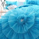 Pisoshare Luxury Princess Bedding Sets Korean Style Blue Lace Flowers Duvet Cover Bed Skirt