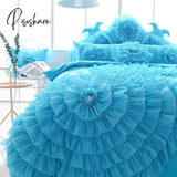 Pisoshare Luxury Princess Bedding Sets Korean Style Blue Lace Flowers Duvet Cover Bed Skirt