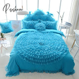 Pisoshare Luxury Princess Bedding Sets Korean Style Blue Lace Flowers Duvet Cover Bed Skirt