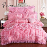 Pisoshare Luxury Princess Wedding Bedding Set King Queen Size Pink Red Lace Jacquard Satin Duvet