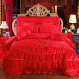 Pisoshare Luxury Princess Wedding Bedding Set King Queen Size Pink Red Lace Jacquard Satin Duvet